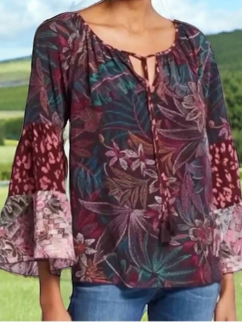 Johnny Was Jade Toledo Size Small Floral Bell-Sleeve Peasant Blouse 100% Silk